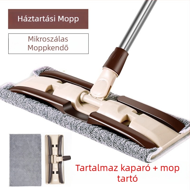 Tartós lapos mop ruhaklipssel, könnyű mikroszálas fej, rozsdamentes acél rúddal, nyomásos kinyomás, levehető és mosható a padló tisztításához