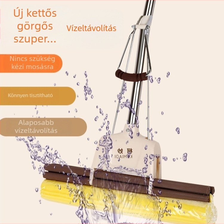 Érintésmentes szivacsos mop rozsdamentes acélból, összecsukható nyéllel és görgő-típusú fej