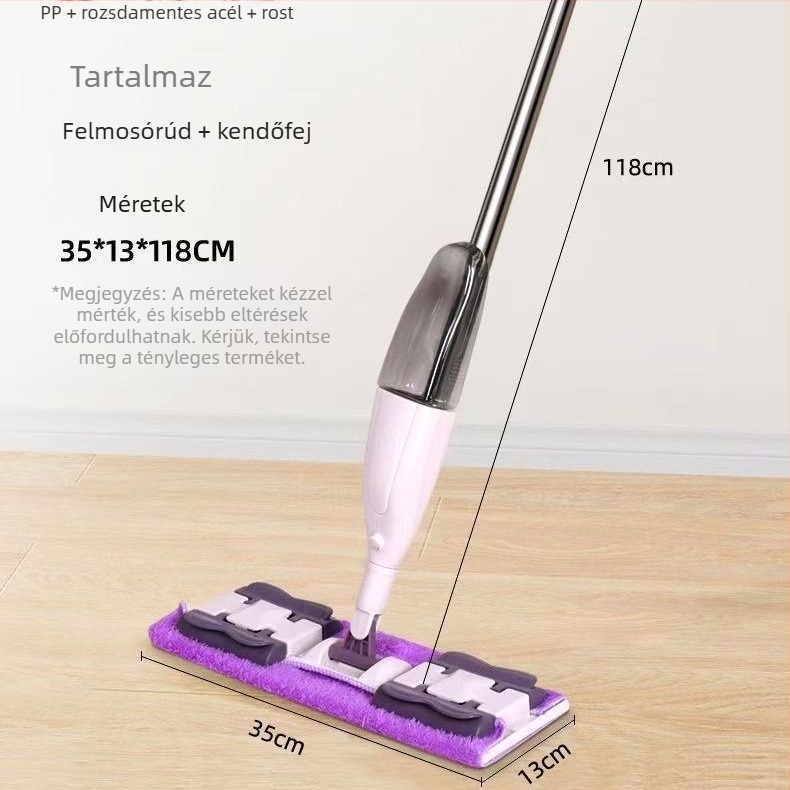 Háztartási célú lapos mop nagy panellel és cserélhető törlőfejjel, széles permetező mop kendőklippel