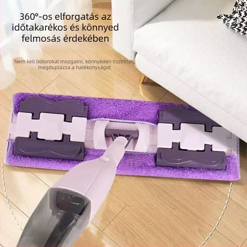 Háztartási célú lapos mop nagy panellel és cserélhető törlőfejjel, széles permetező mop kendőklippel