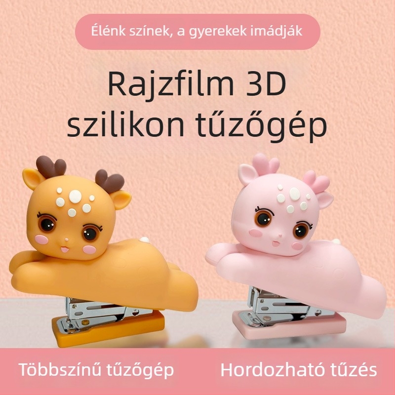 Cuki szilikon szarvas mini stapler – 24/6 vagy 26/6, irodai, többfunkciós