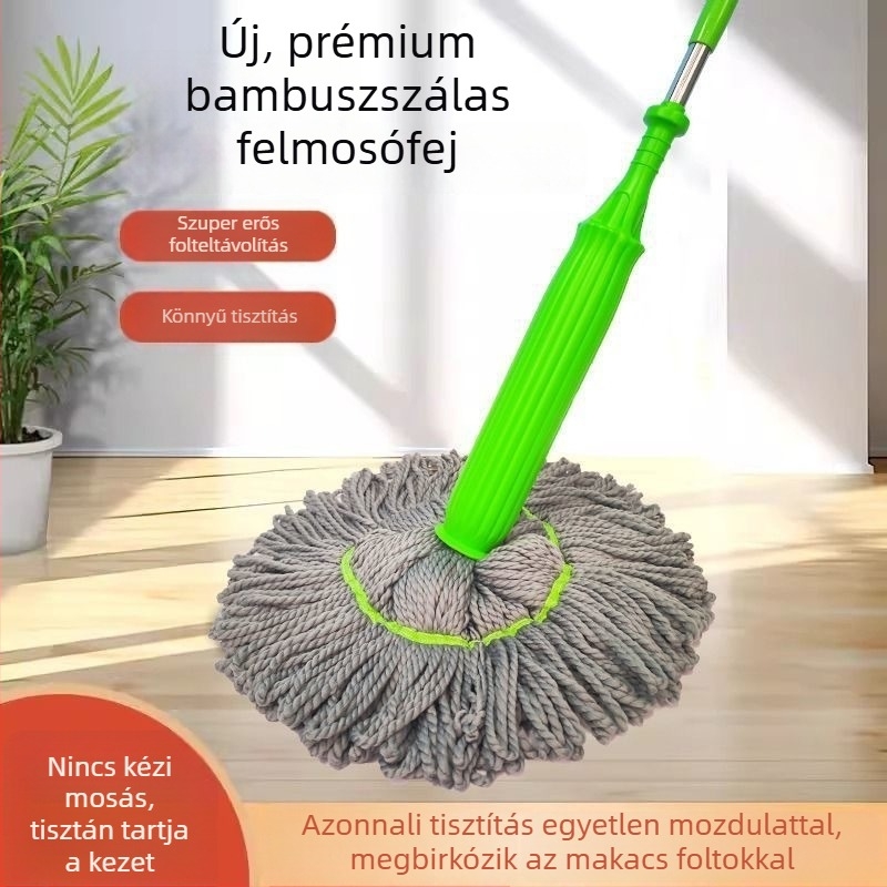 Forgó mop kézi nyomás nélküli csavarással, bambusz szálú, nagy nedvszívó fej, száraz és nedves tisztításra, otthoni használatra