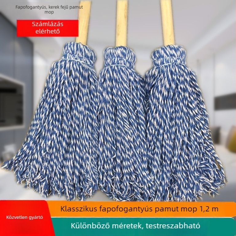 Hosszabbítható fa nyelű mop, coton szálakkal, kerek fej, kék-fehér szálak