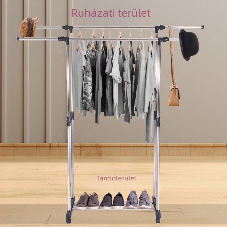 Rozsdamentes acél ruhaszárító állvány, dupla rúddal, állítható magasságú, padlón álló, teleszkópos, mobil tárolóállvány