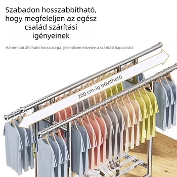 Rozsdamentes acélból készült padlón álló ruhaszárító, kinyitható és összecsukható, beltéri és kültéri használatra, hálószoba és erkély számára.