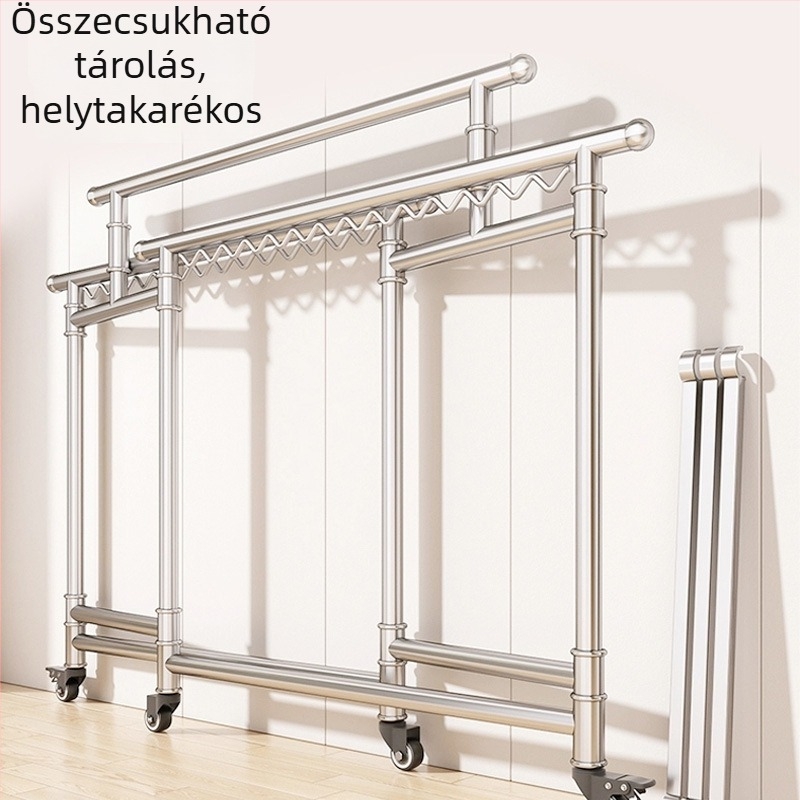 Rozsdamentes acélból készült padlón álló ruhaszárító, kinyitható és összecsukható, beltéri és kültéri használatra, hálószoba és erkély számára.