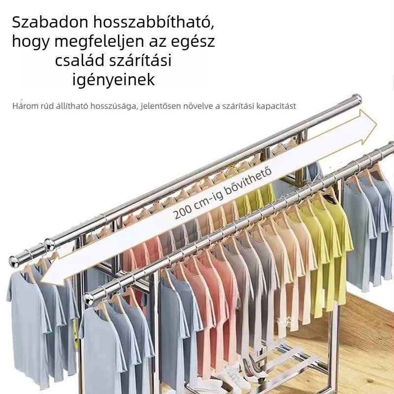 Rozsdamentes acélból készült padlón álló ruhaszárító, kinyitható és összecsukható, beltéri és kültéri használatra, hálószoba és erkély számára.