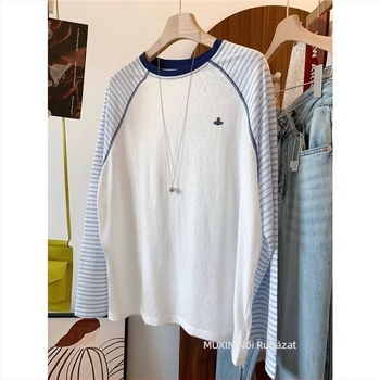 Női XXL póló csíkos panel Raglan szabású, hosszú ujjú, vékony őszi pamut hímzett hópehely motívummal, koreai stílusú