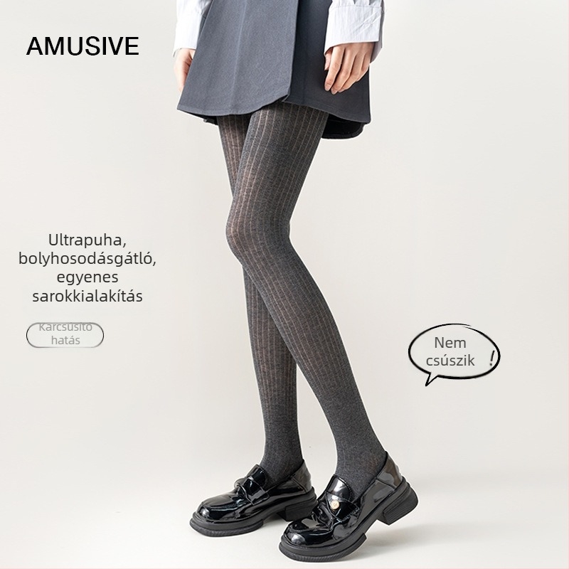 AMUSIVE mikro átlátszó harisnyanadrág függőleges bordázott mintával, vékony, szürke, nőknek, tavasz–nyár