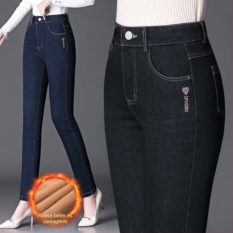 Női téli fleece-belelt farmernadrág, magas derekú, plusz méret, egyenes szárú, rugalmas, vastag és meleg