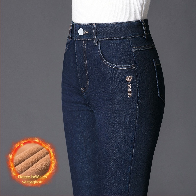 Női téli fleece-belelt farmernadrág, magas derekú, plusz méret, egyenes szárú, rugalmas, vastag és meleg