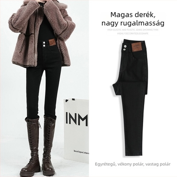 Női magas derekú fekete farmernadrág, slim-fit ceruza szabású, minden évszakra