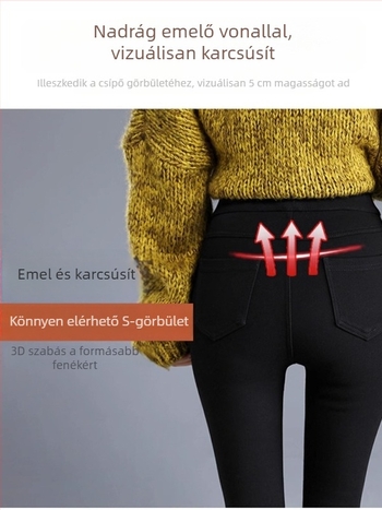 Fekete női leggings denim hatású, fleece béléssel, magas derekú, szoros, ceruza szabású