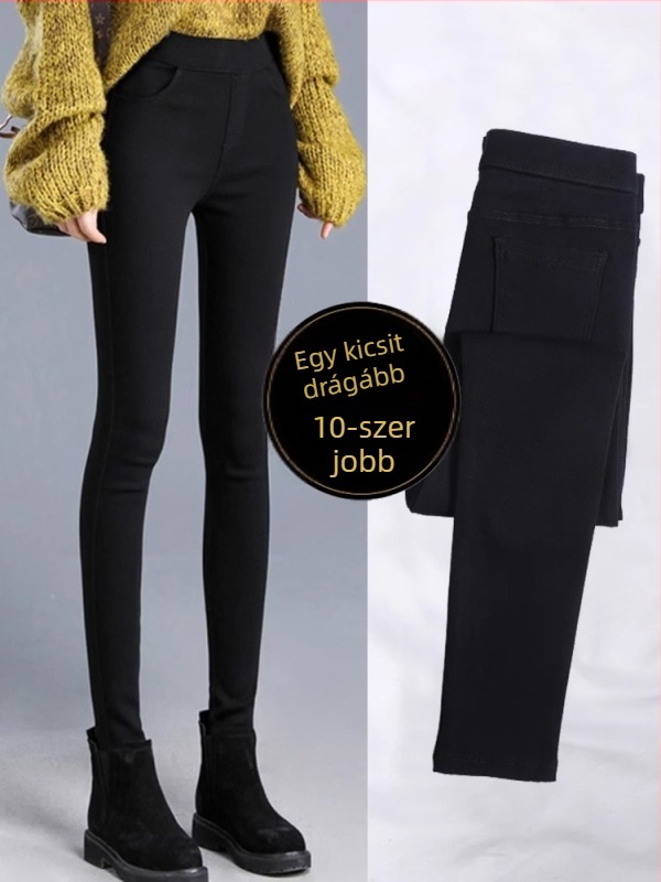 Fekete női leggings denim hatású, fleece béléssel, magas derekú, szoros, ceruza szabású