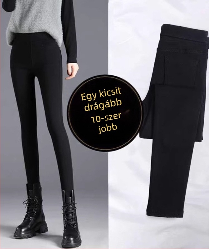Fekete női leggings denim hatású, fleece béléssel, magas derekú, szoros, ceruza szabású
