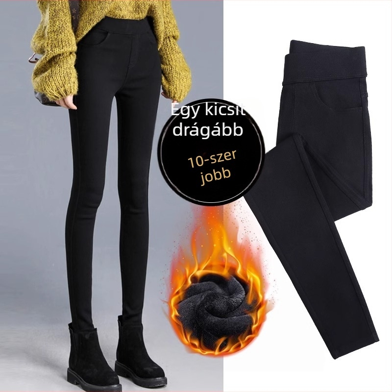 Fekete női leggings denim hatású, fleece béléssel, magas derekú, szoros, ceruza szabású