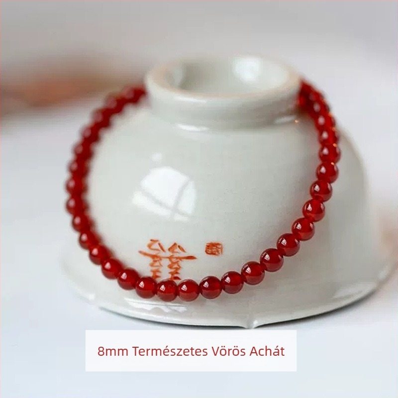 Természetes piros achát karkötő piros zsinórral, vintage születési év stílus, chalcedon díszítés, 2025