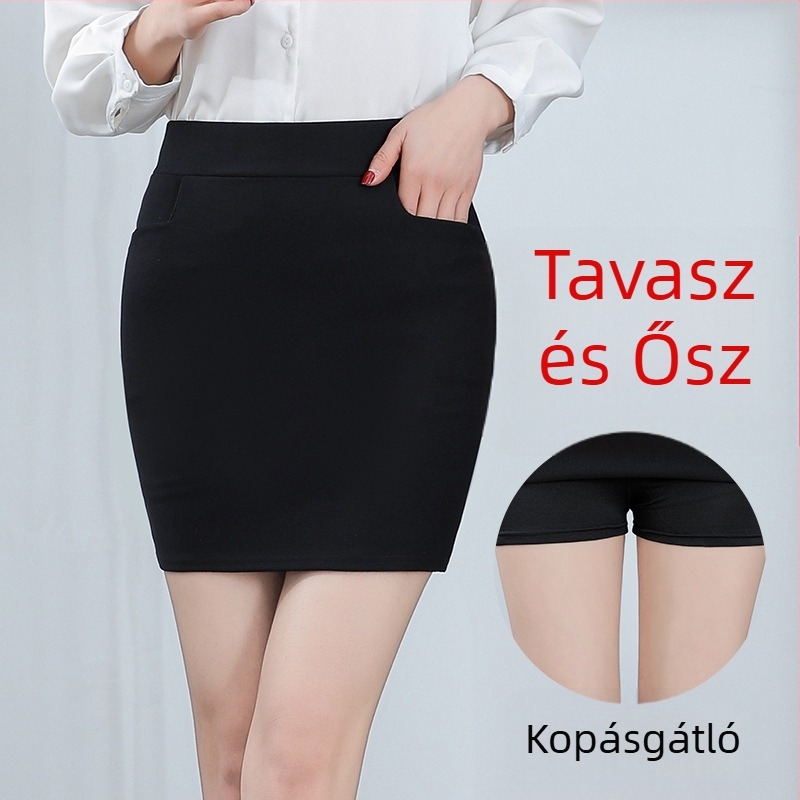 Fekete rövid irodai szoknya, magas derekú, zsebekkel, rugalmas anyag, karcsú szabás