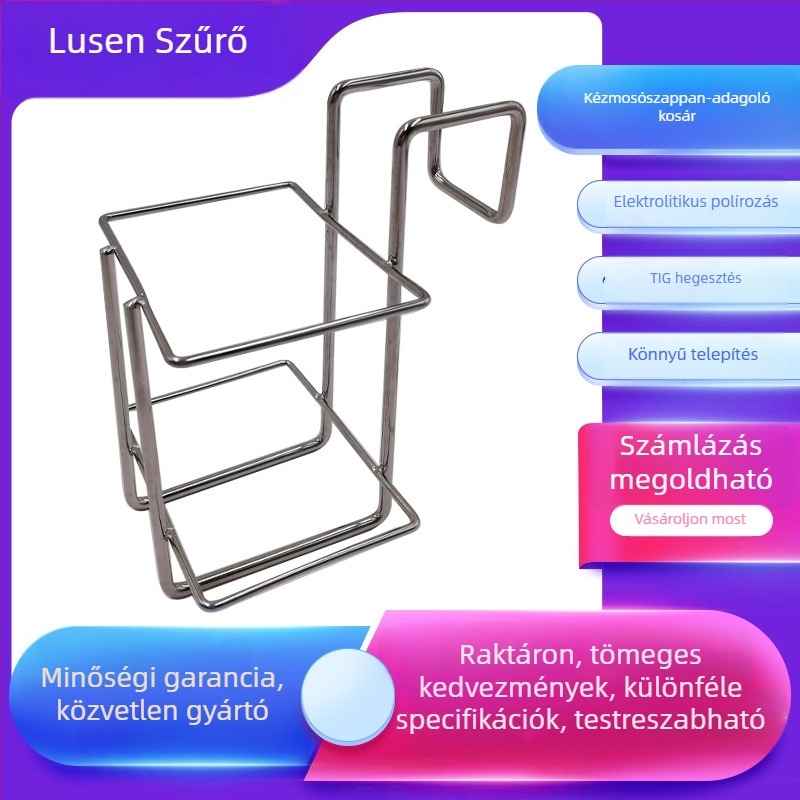 Rozsdamentes acélból készült falra szerelhető kézfertőtlenítő kosár
