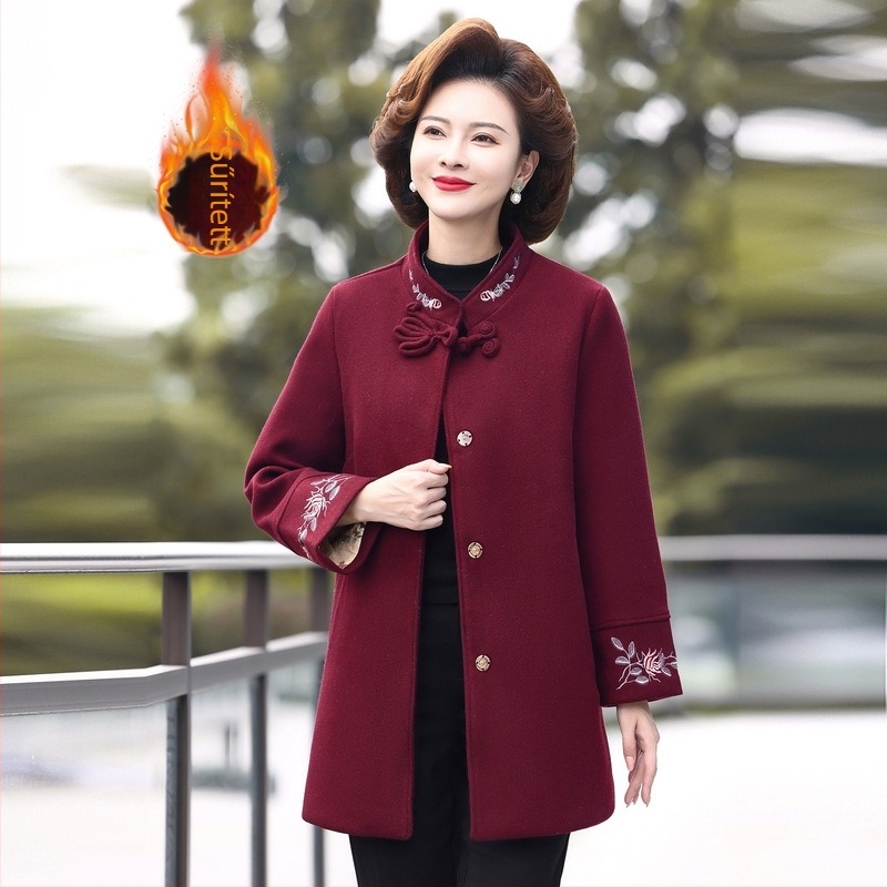 Őszi–téli női gyapjúkabát fleece béléssel, vastag, elegáns stílus, mandarin gallér, középkorú és idős nők számára
