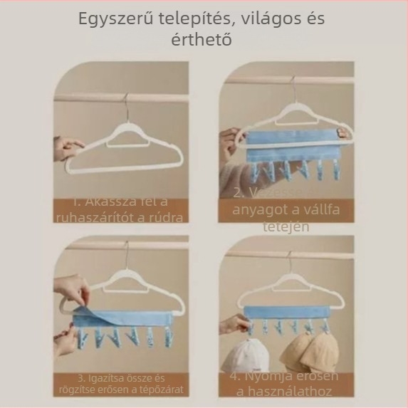 Utazáshoz hordozható, összecsukható ruhaszárító állvány zokikapcsokkal