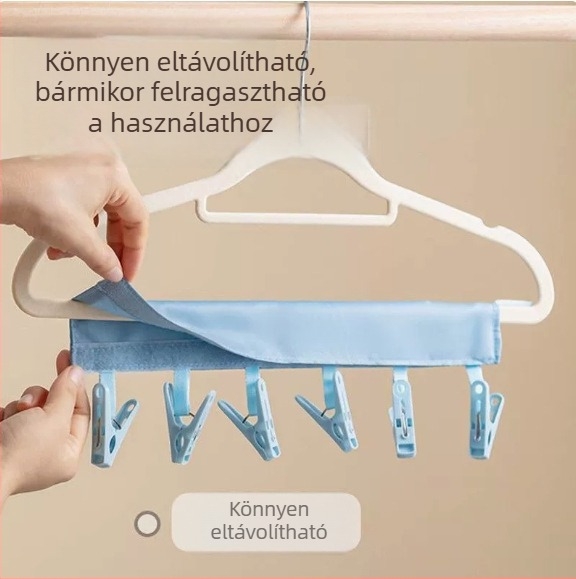 Utazáshoz hordozható, összecsukható ruhaszárító állvány zokikapcsokkal