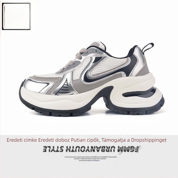 Bailu-stílusú ezüst női dad sneakers, vastag talppal és magasság-növelő dizájnnal