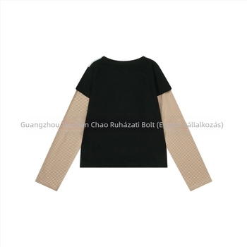 Koreai niche tervezésű felső anime nyomattal, csíkos patchwork, retro casual, slim fit, hosszú ujjú