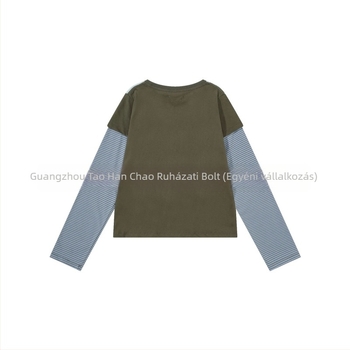 Koreai niche tervezésű felső anime nyomattal, csíkos patchwork, retro casual, slim fit, hosszú ujjú