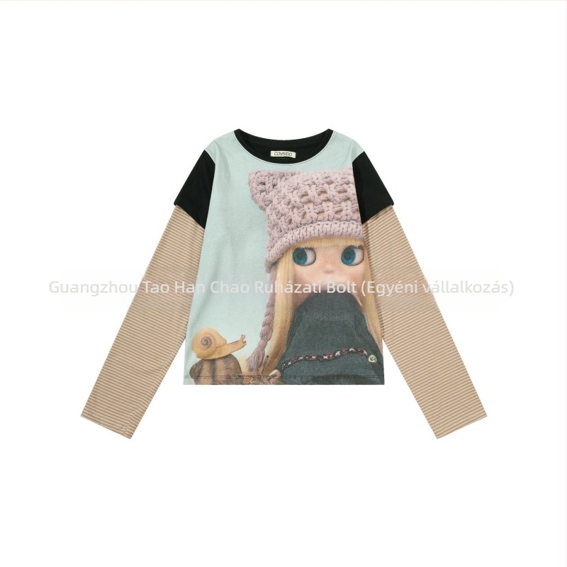 Koreai niche tervezésű felső anime nyomattal, csíkos patchwork, retro casual, slim fit, hosszú ujjú