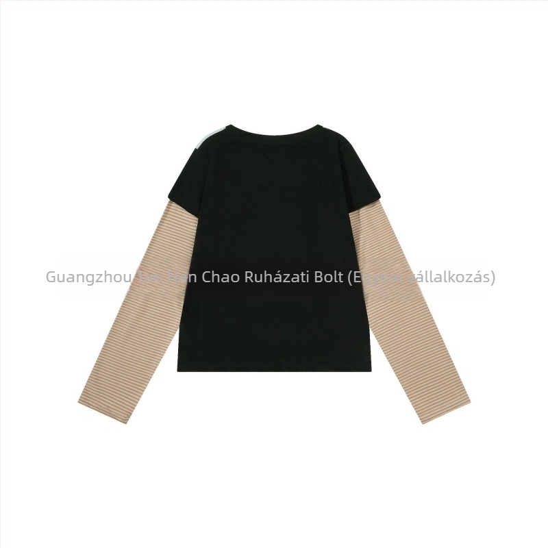 Koreai niche tervezésű felső anime nyomattal, csíkos patchwork, retro casual, slim fit, hosszú ujjú
