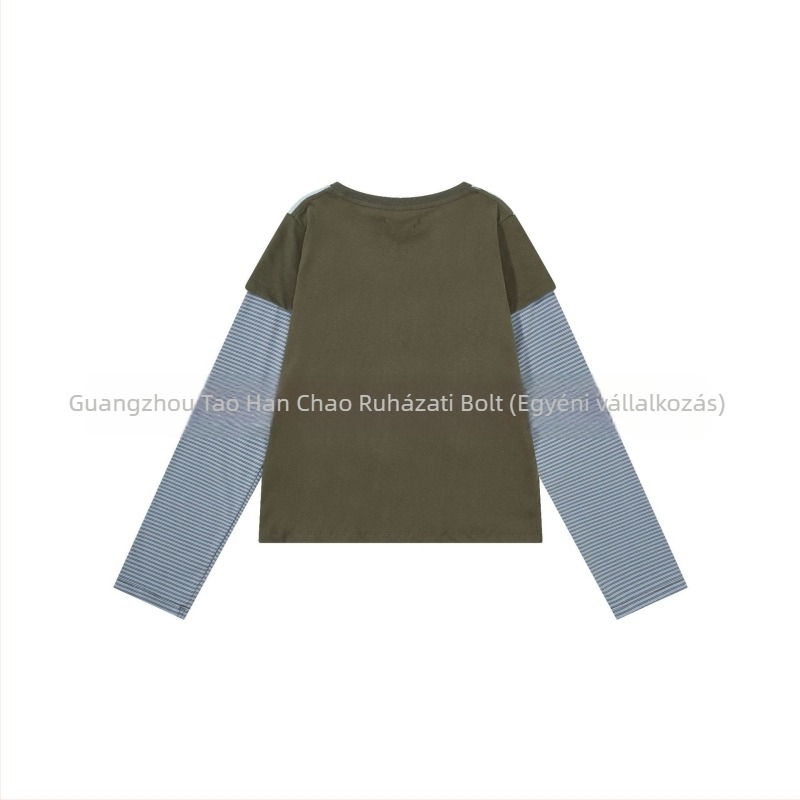 Koreai niche tervezésű felső anime nyomattal, csíkos patchwork, retro casual, slim fit, hosszú ujjú