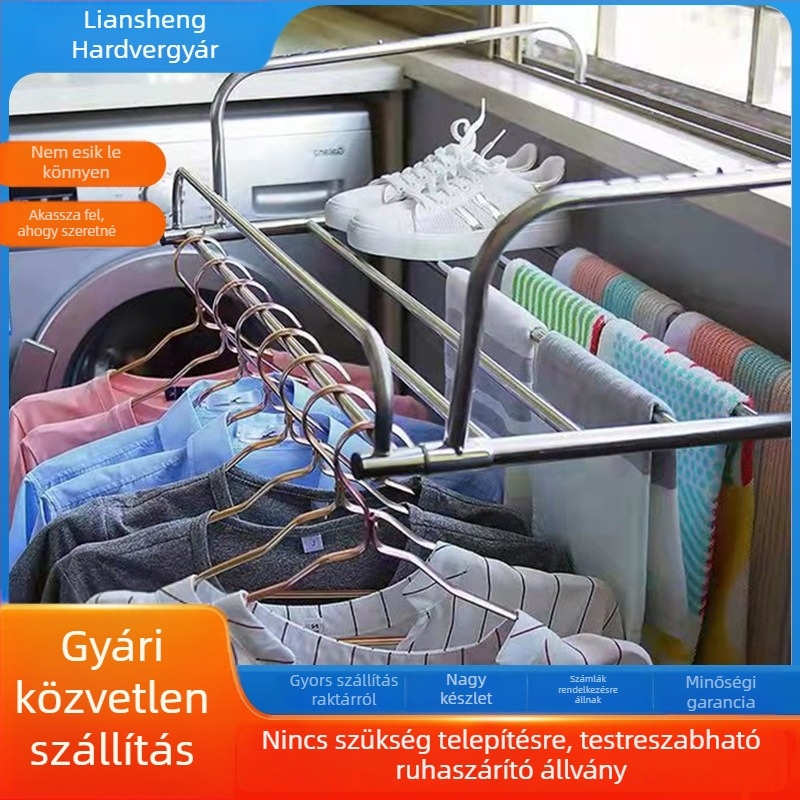 Rozsdamentes acél teleszkópos ruhaszárító állvány – beltéri/kültéri használatra, szerelés nélkül, testreszabható, cipőállvánnyal
