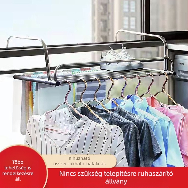 Rozsdamentes acél teleszkópos ruhaszárító állvány – beltéri/kültéri használatra, szerelés nélkül, testreszabható, cipőállvánnyal