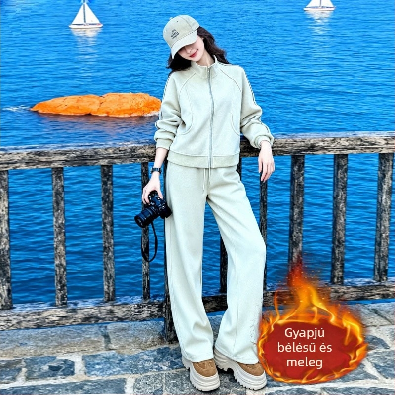 Női őszi-téli fleece bélésű sportos szett kardigánnal, két darabos készlet, elegáns megjelenés