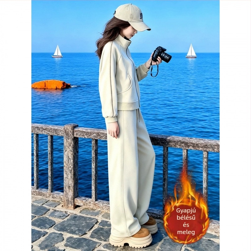 Női őszi-téli fleece bélésű sportos szett kardigánnal, két darabos készlet, elegáns megjelenés