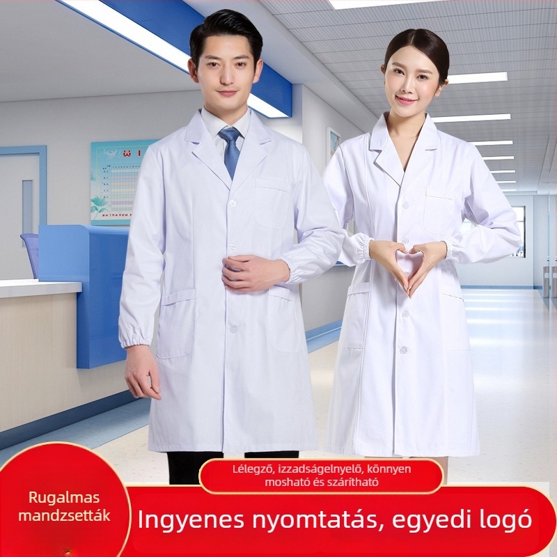 Nightingale uniszex fehér orvosi köpeny elasztikus mandzsettákkal, pamut–polyészter keverék, nedvességelvezető, tanulók és szakemberek számára