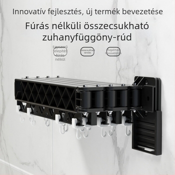 Fúrás nélküli zuhanyfüggönyrúdu fürdőszobához és erkélyhez, összecsukható, rejtett falra szerelt ruhaszárító állvány, beltéri használatra