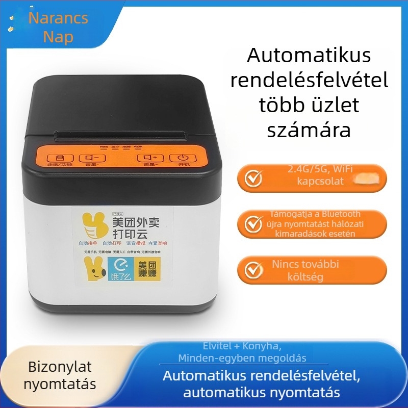 Termikus nyomtató elvitelre rendelésekhez Wi‑Fi‑vel, USB‑vel, Android/iOS kompatibilis, 58 mm-es nyomtatási szélesség, automatikus rendelés-fogadás, hangutasítások