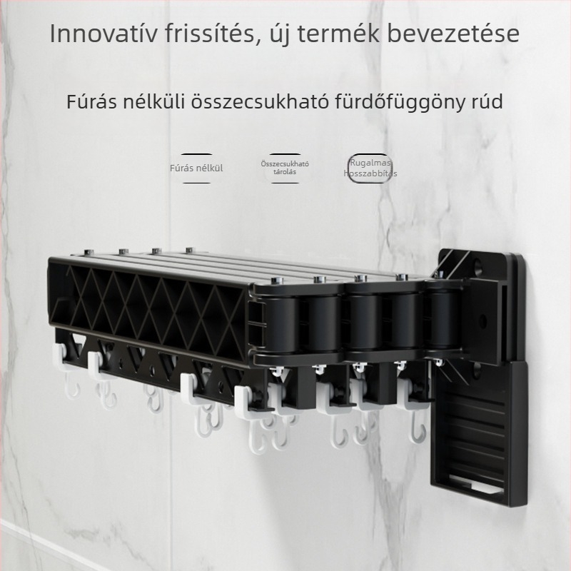 Fúrás nélküli, falra szerelhető összecsukható zuhanyfüggönyrúd, rejtett kivitel, beltéri ruhaszárító
