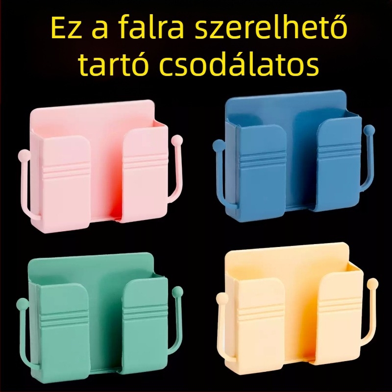 Fali ragasztós telefontartó töltővel és távirányító tartóval – modern, egyszerű dizájn