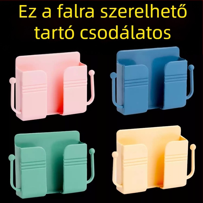 Fali ragasztós telefontartó töltővel és távirányító tartóval – modern, egyszerű dizájn