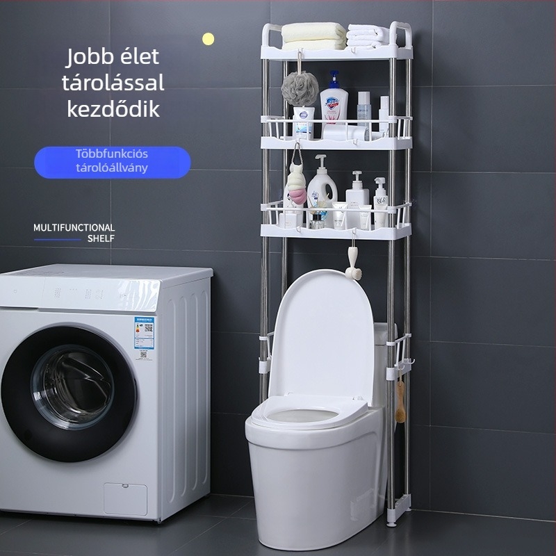 Négy szintes rozsdamentes acél fürdőszobai tároló WC-hez, padló- vagy falra szerelhető, fúrás nélkül