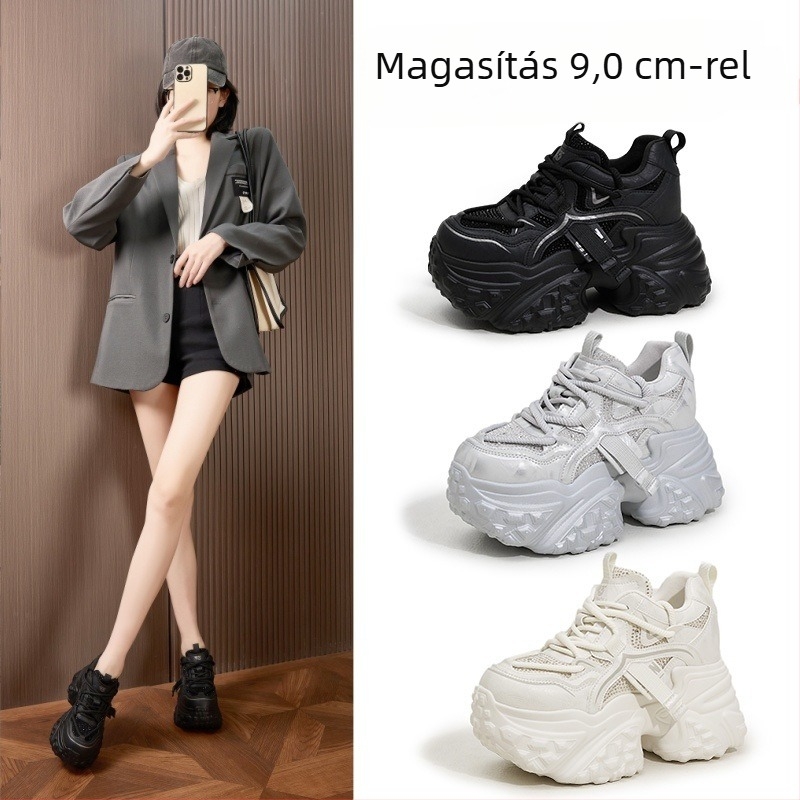 Női 9 cm-es magasságnövelő sneaker, platformos vastag talpú, európai stílusú mindennapi sportcipő