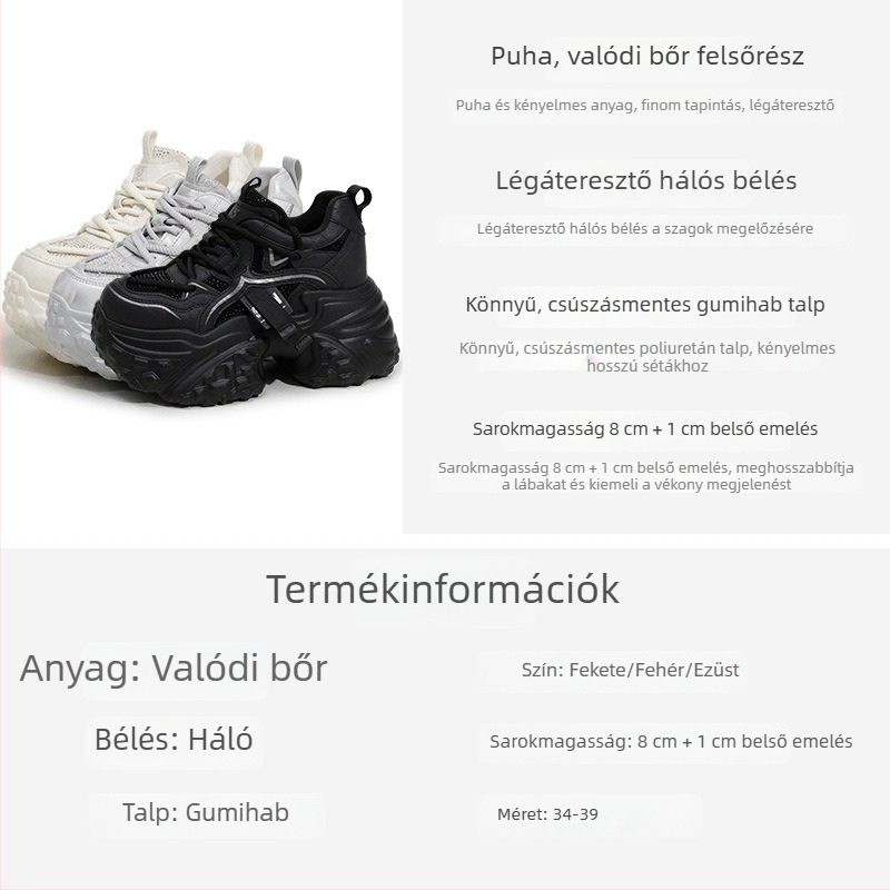Női 9 cm-es magasságnövelő sneaker, platformos vastag talpú, európai stílusú mindennapi sportcipő