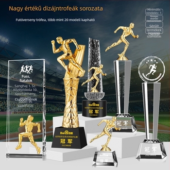 Kristályos futótrófea és érme, testreszabható váltófutó versenyre, mini arany figurával, maratoni bajnok.