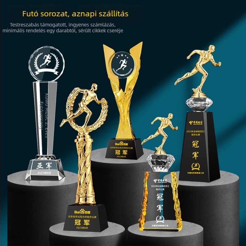 Kristályos futótrófea és érme, testreszabható váltófutó versenyre, mini arany figurával, maratoni bajnok.