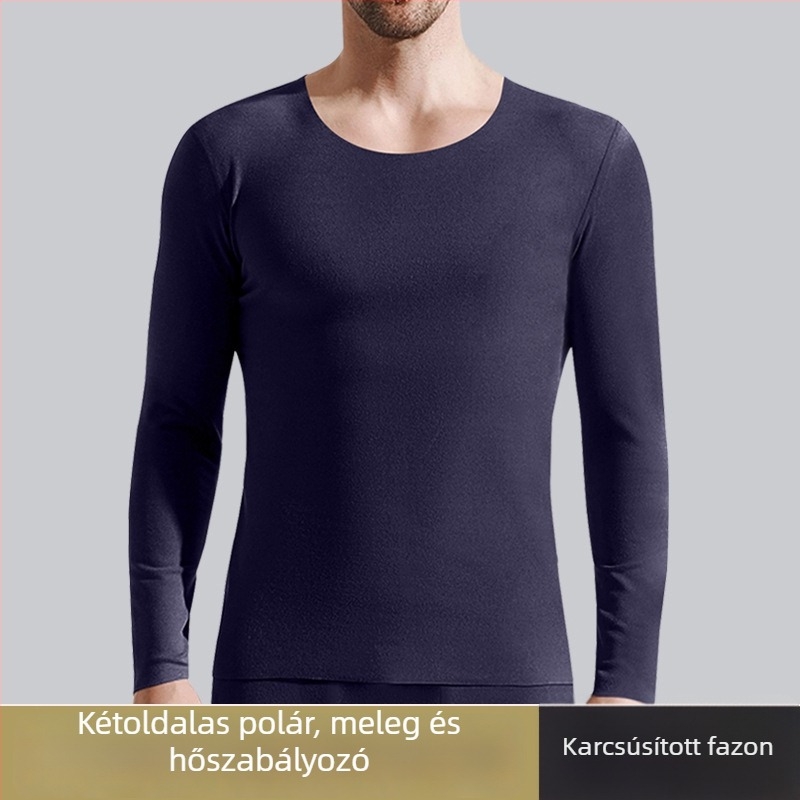Férfi fleece-szével bélelt hosszú ujjú aláöltözet felső, karcsúsított szabás, egyszínű, őszi–téli meleg