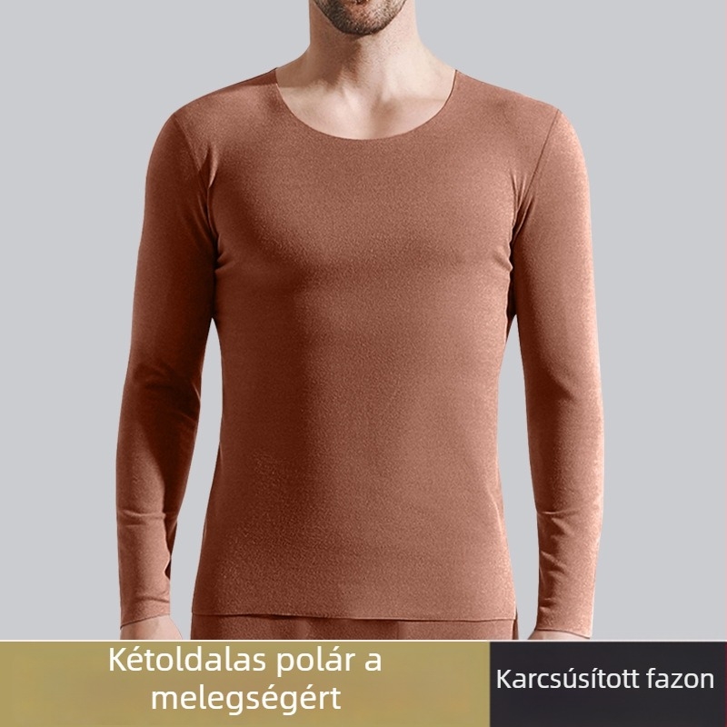 Férfi fleece-szével bélelt hosszú ujjú aláöltözet felső, karcsúsított szabás, egyszínű, őszi–téli meleg