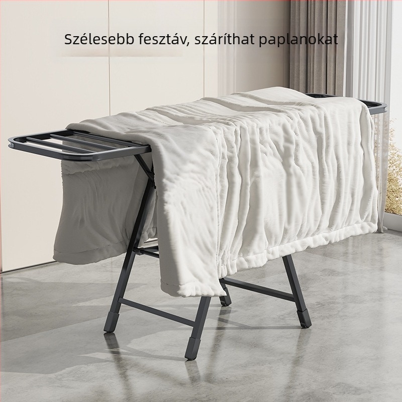 Padlóra álló ruhaszárító rozsdamentes acélból, otthoni és erkély használatra; összecsukható kivitel; alkalmas babaruhák, paplanok és cipők szárítására; ideális szépségipari és fodrászszalonok számára.